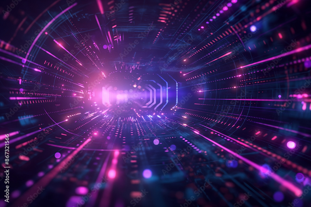 Fototapeta premium Dark colored digital tunnel with purple lines in motion. High speed data transmission.