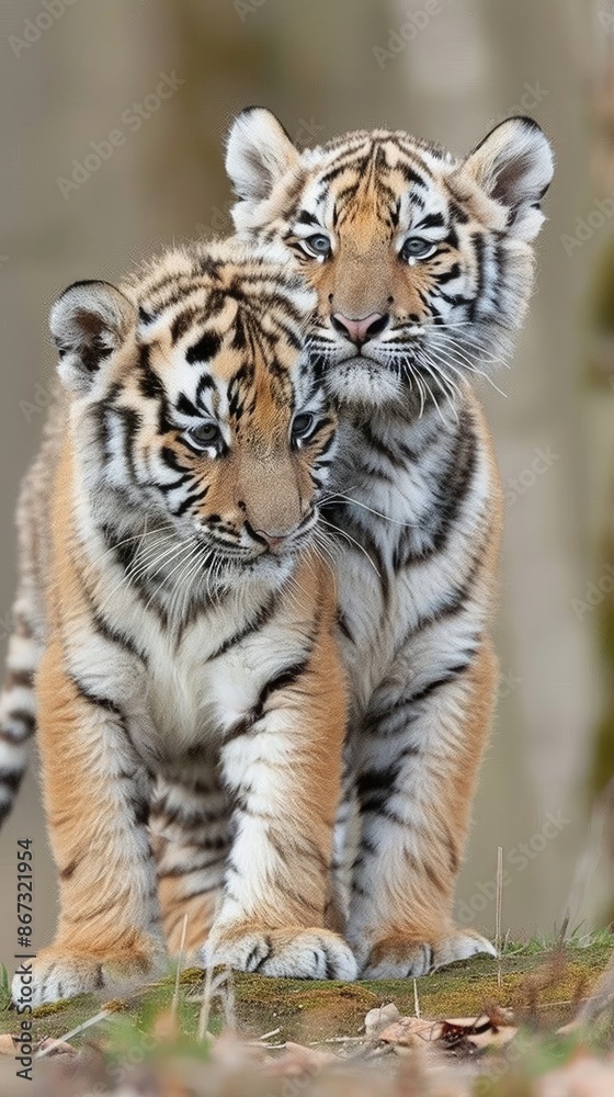 Two white tiger cubs sit in a grassy area, looking at the camera. Two white tiger cubs sit in a grassy area, looking at the camera.