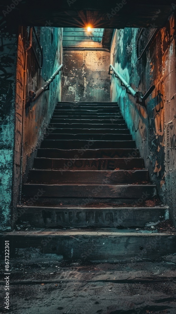 Fototapeta premium Abandoned Staircase in Graffiti Alley - Eerie staircase in a graffiti-covered alley, illuminated by a single light bulb, creating a haunting urban atmosphere.