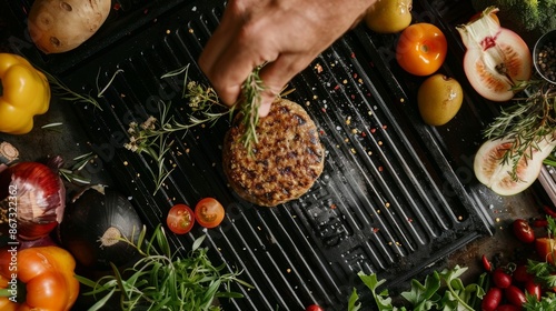 A photo of a hand flipping a wild game burger on a hot griddle surrounded by a colorful medley of foraged veggies and fruits. photo