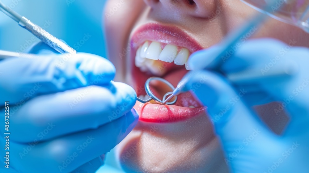 A dentist is examining a patient's teeth closely to ensure they are healthy and well-maintained. A dentist is examining a patient's teeth closely to ensure they are healthy and well-maintained.