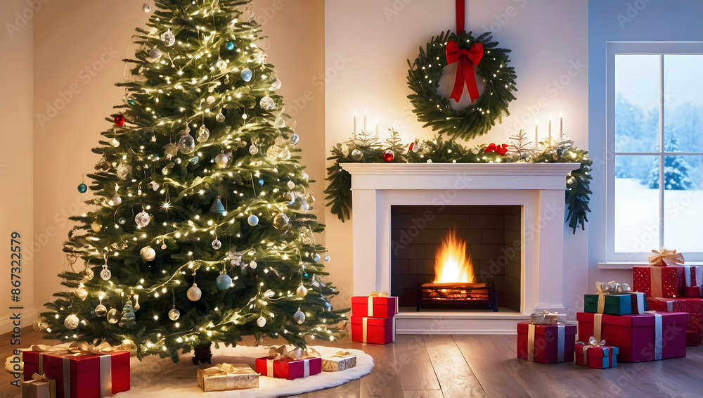 Merry Christmas decorated living room, Christmas tree, gifts, holiday background, festive template, decorations