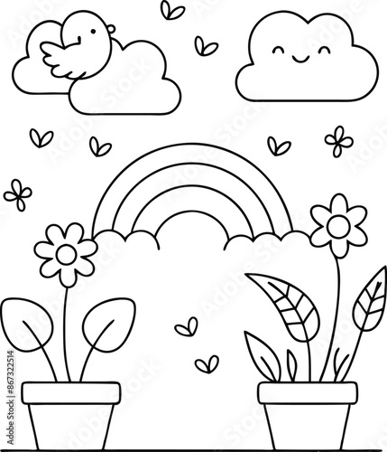 Cute garden flowers cartoon rainbow coloring page