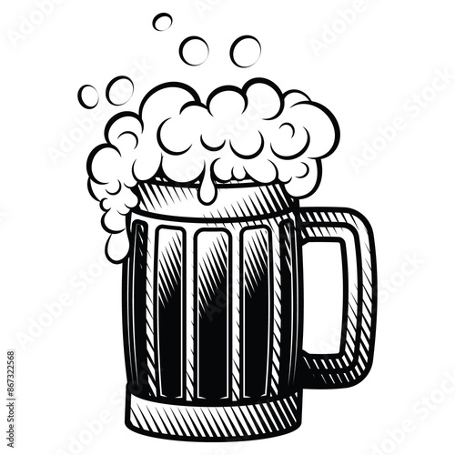 Beer mug. Vector illustration in engraving technique of a glass full of beer with splashy foam.