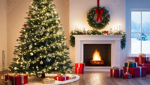 Obraz na płótnie Merry Christmas decorated living room, Christmas tree, gifts, holiday background, festive template, decorations w salonie