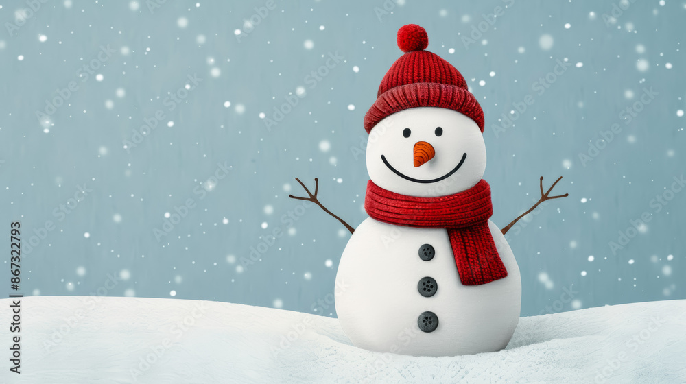 An adorable snowman with a carrot nose and a red scarf in a winter wonderland watercolour illustration 
