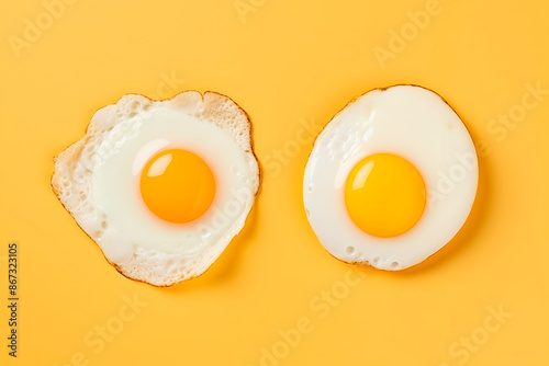 Two fried eggs on yellow background directly above angle view.