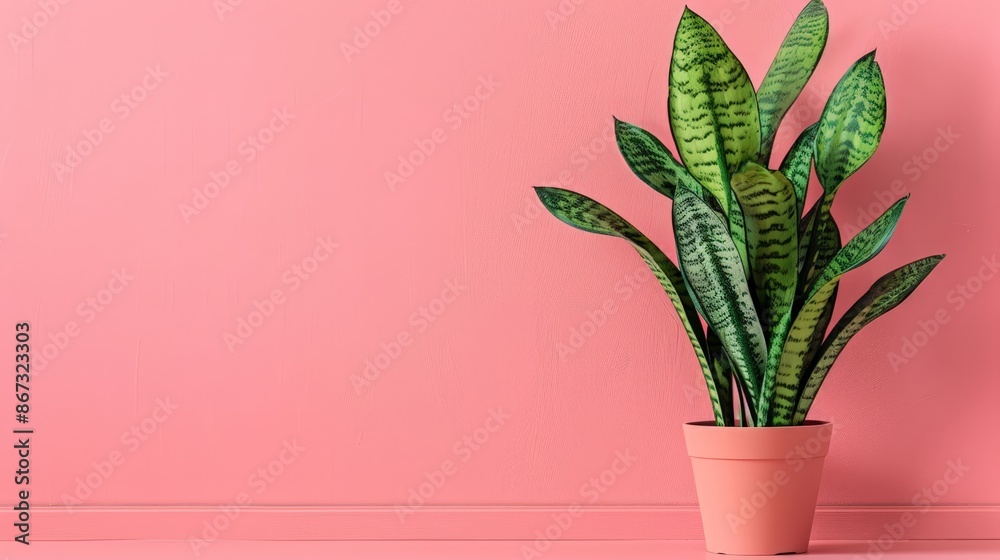 Snake plant's lush green leaves in a modern pot, highlighted by pink accents. perfect for home decor. Snake plant's lush green leaves in a modern pot, highlighted by pink accents. perfect for home decor.