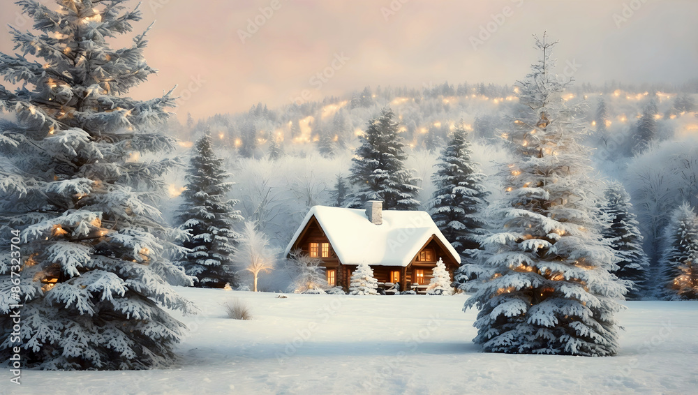 Christmas themed wooden house in pine forest covered in snow, Christmas trees, seasonal holiday background