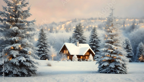 Christmas themed wooden house in pine forest covered in snow, Christmas trees, seasonal holiday background