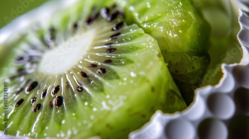 The vibrant green flesh of the kiwi bursts with a sweet, tangy flavor and tiny black seeds, making it a refreshing and nutritious choice.