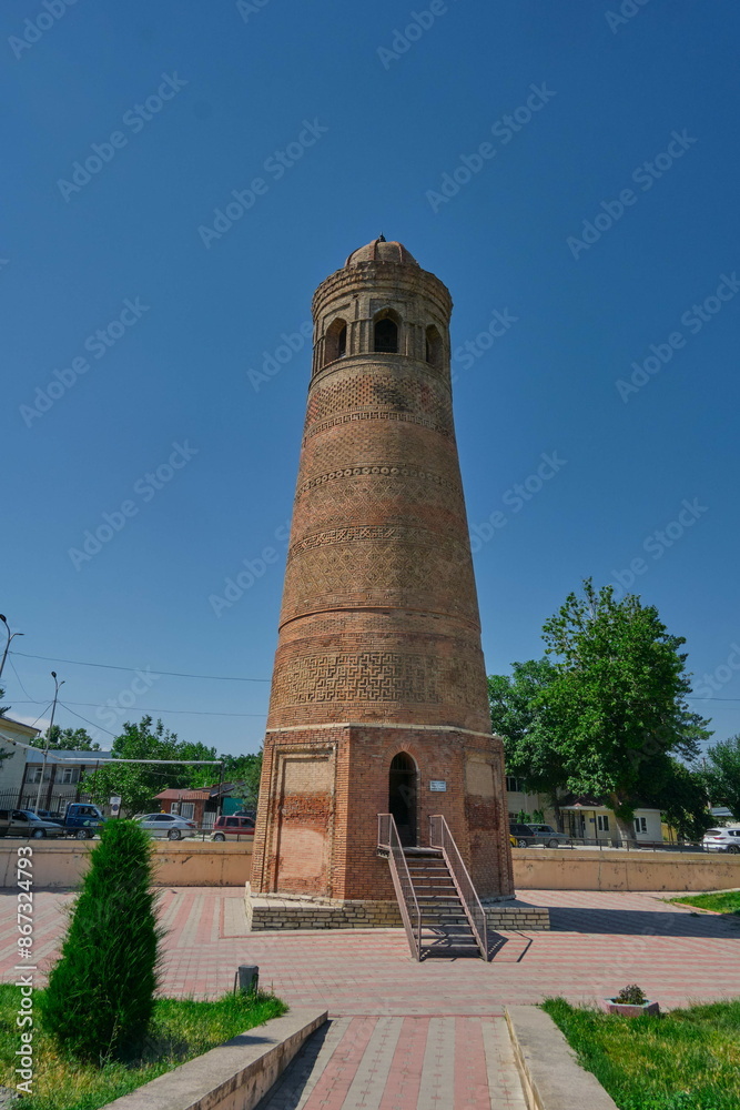 The ancient minaret built in the 11th-12th centuries in the city of Uzgen, Kyrgyzstan