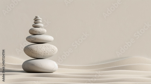 Minimalist white stone aligned perfectly on a tranquil sand garden with subtle beige and gray tones watercolour illustration 