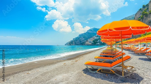 Beach umbrellas and sunbeds on a sandy Amalfi Coast beach, vibrant and inviting photo