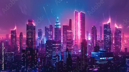 Futuristic cityscape at night with neon lights and flying cars