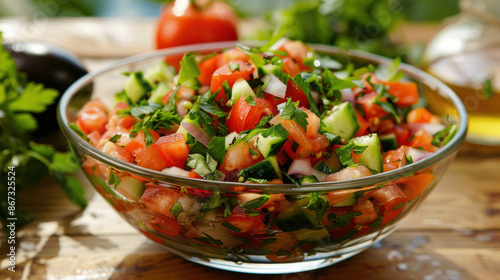 Turkish salad, called Çoban Salatası, is a refreshing dish made with tomatoes, cucumbers, onions, and parsley.