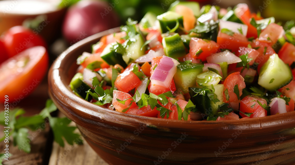 Turkish salad, called Çoban Salatası, is a refreshing dish made with tomatoes, cucumbers, onions, and parsley. Turkish salad, called Çoban Salatası, is a refreshing dish made with tomatoes, cucumbers, onions, and parsley.
