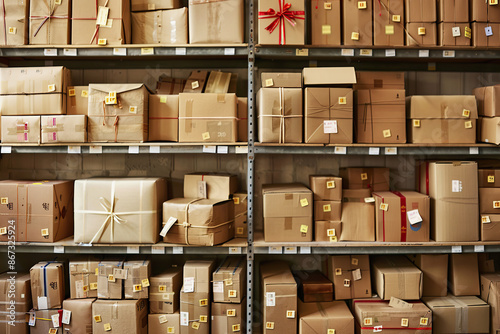 Shelves full of packages waiting for delivery. Delivery Day, post officeman day, mail day photo