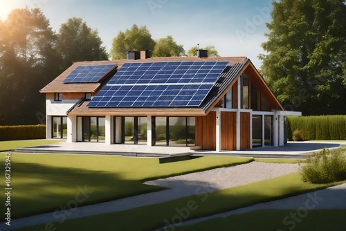 New suburban house with a photovoltaic system on the roof.