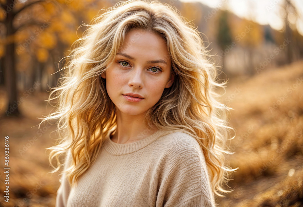 A Woman in a tan sweater on a blurred background A Woman in a tan sweater on a blurred background
