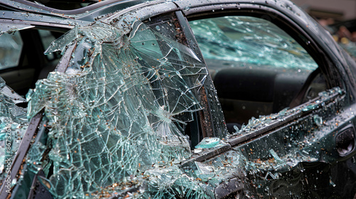 Vandals smashed a car's windows and flattened its tire, leaving it badly damaged.