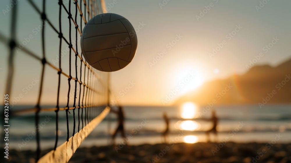 Intense volleyball game on a beach at dusk, players' shadows stretching across the sand, sun dipping below the horizon, idyllic summer evening by the sea Intense volleyball game on a beach at dusk, players' shadows stretching across the sand, sun dipping below the horizon, idyllic summer evening by the sea