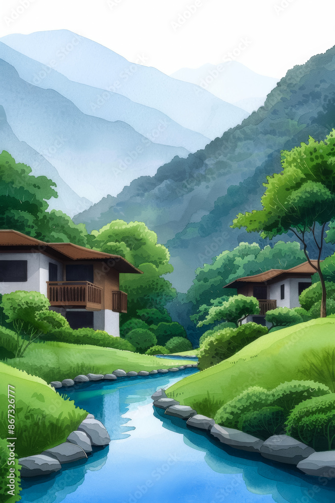 Φωτογραφία Watercolor illustration of a tranquil hot springs village nestled in lush mounta