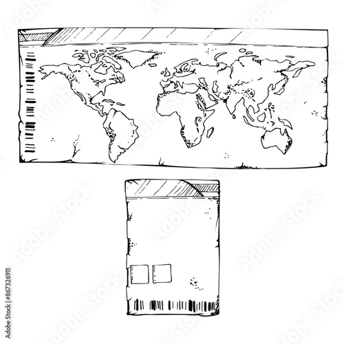 Multinational world id document, plane train ferry ticket coupon permit with map. Vector ink hand drawn vintage illustration. Design for tourism, travel, brochure, wedding, guide, print, card tattoo.