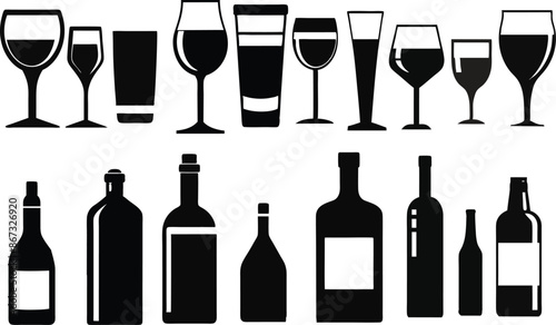 Set of alcohol bottle and glass wine and beer bottle