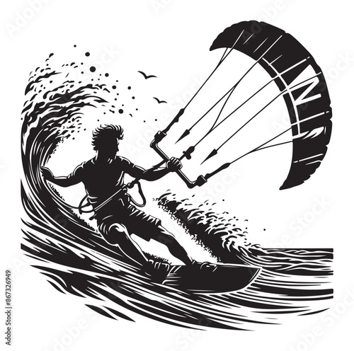 Kitesurfing Kite Surfing logo, silhouette vector on white background.