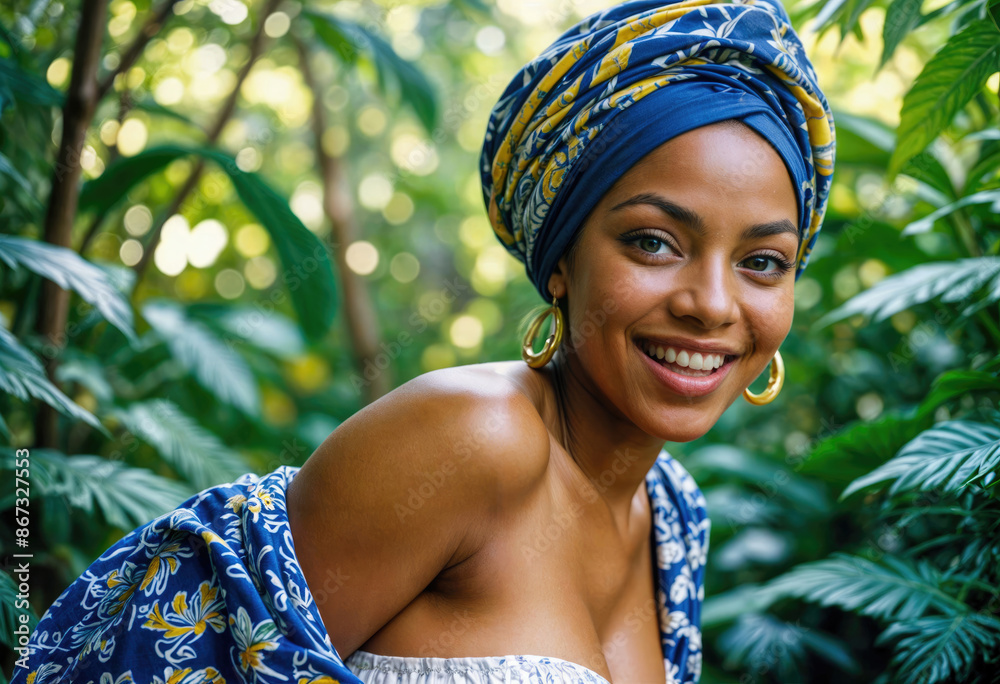 Smiling Black Woman in Yellow Headscarf Outdoors Smiling Black Woman in Yellow Headscarf Outdoors