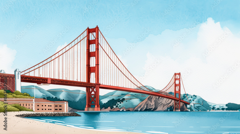 Fototapeta premium Watercolor illustration of iconic Golden Gate Bridge with vibrant red structure and scenic blue bay bright simple watercolour 
