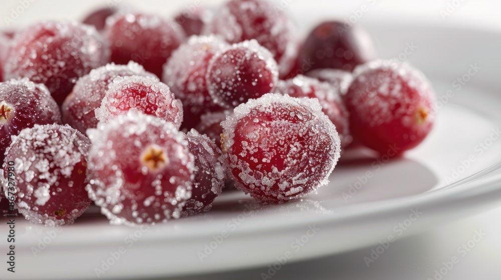 Close up of sugared cranberry on a white plate Close up of sugared cranberry on a white plate