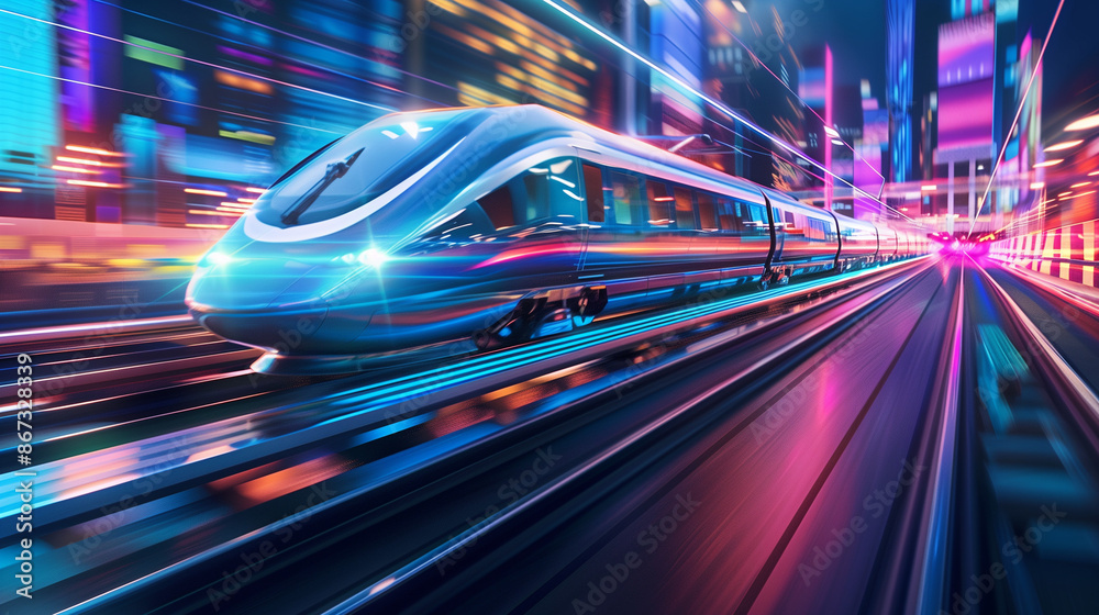 A high-speed train shuttles through the digital city A high-speed train shuttles through the digital city