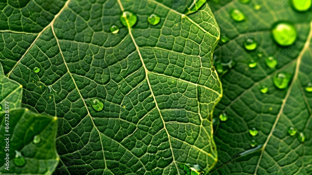 Obraz premium Nature's intricate design is captured in the delicate patterns of leaves, adorned with glistening droplets of water.