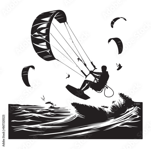 Kitesurfing Kite Surfing logo, silhouette vector on white background.