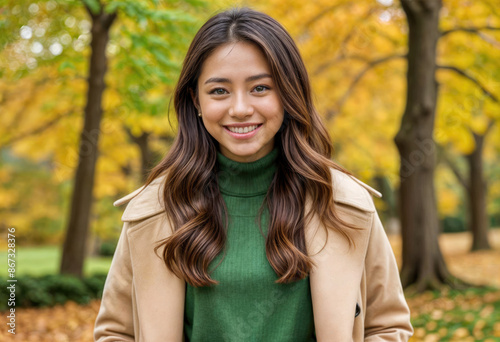 A young woman in a beige sweater and green coat, smiling with an autumn foliage background © ROKA Creative