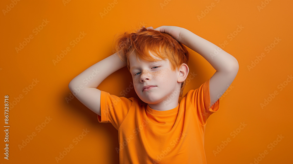A red-haired blond European boy with orange t-shirt posing for Photographer A red-haired blond European boy with orange t-shirt posing for Photographer