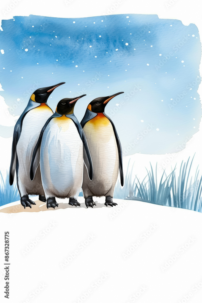 Fototapeta premium Winter watercolor frame with whimsical penguins and shimmering snowflakes icy pastel tones watercolour illustration