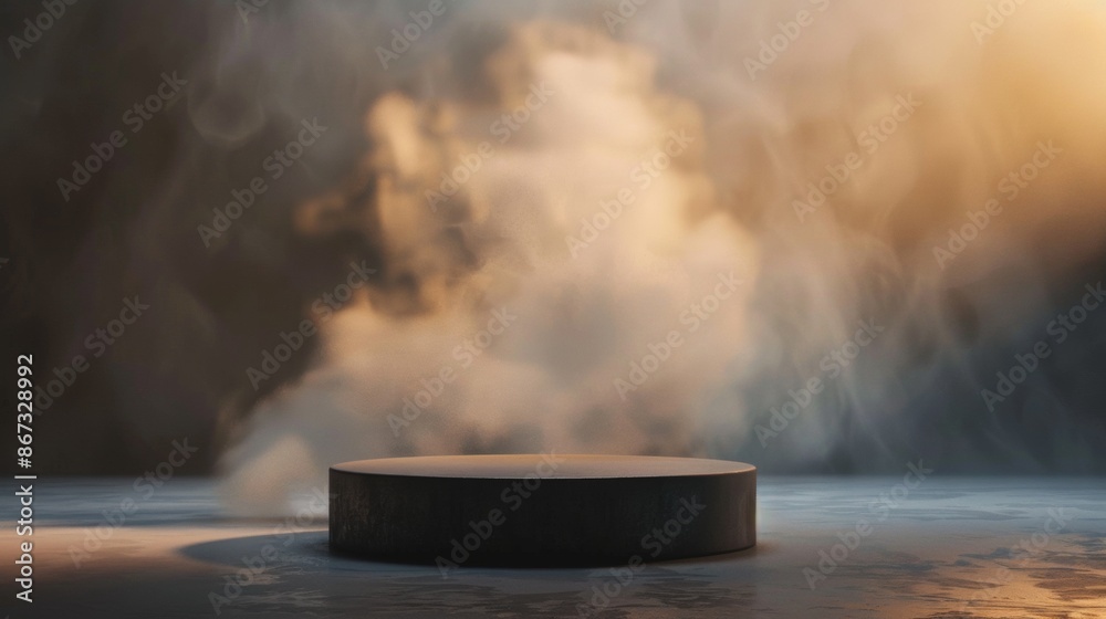 Black Circular Pedestal Surrounded by White Smoke in Dark Studio Setting Black Circular Pedestal Surrounded by White Smoke in Dark Studio Setting