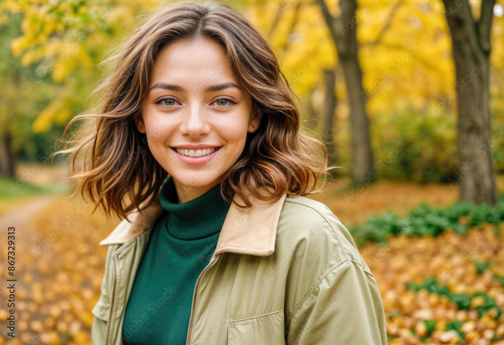 A young woman in a beige sweater and green coat, smiling with an autumn foliage background