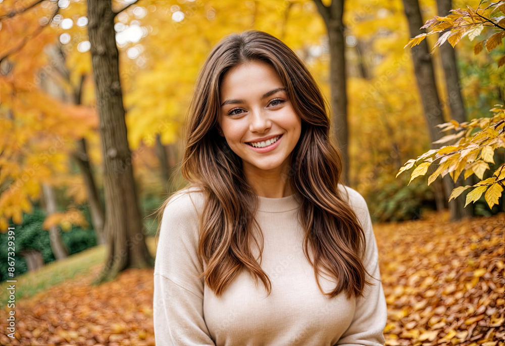 A young woman in a beige sweater and green coat, smiling with an autumn foliage background A young woman in a beige sweater and green coat, smiling with an autumn foliage background