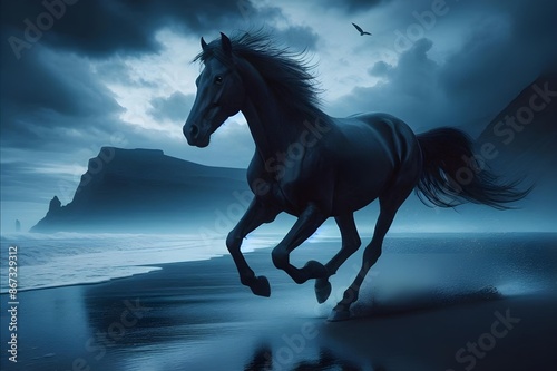 Nighttime Gallop: Black Horse Running Fearlessly Through the Moonlit Seashore