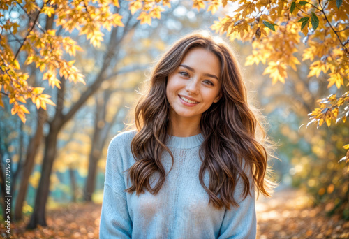 A young woman in a beige sweater and green coat, smiling with an autumn foliage background