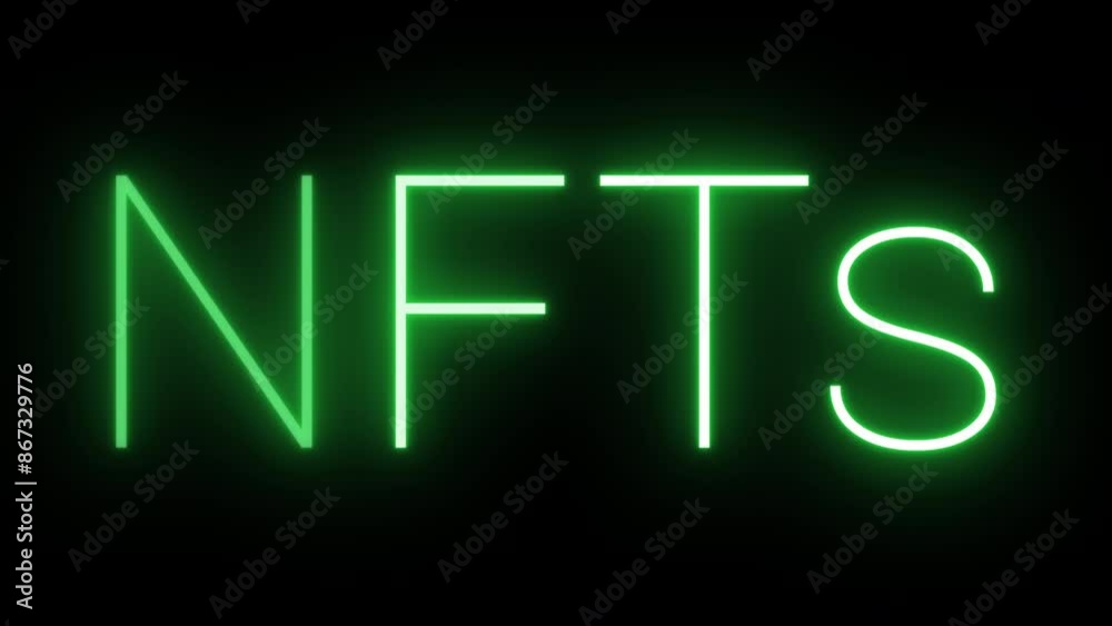 Flickering neon green glowing NFTs text animated on black background Flickering neon green glowing NFTs text animated on black background