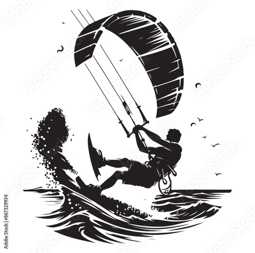Kitesurfing Kite Surfing logo, silhouette vector on white background.