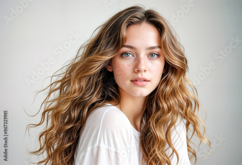 Portrait of a Caucasian Woman with Long-Wavy Hair