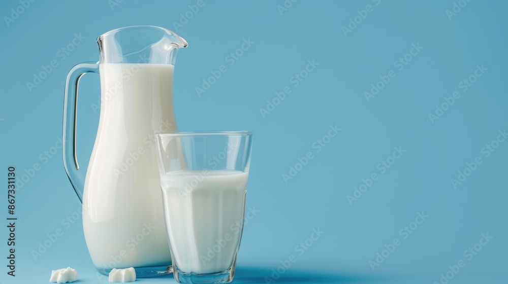 Fresh Milk in Glass and Pitcher on blue background with empty space Fresh Milk in Glass and Pitcher on blue background with empty space