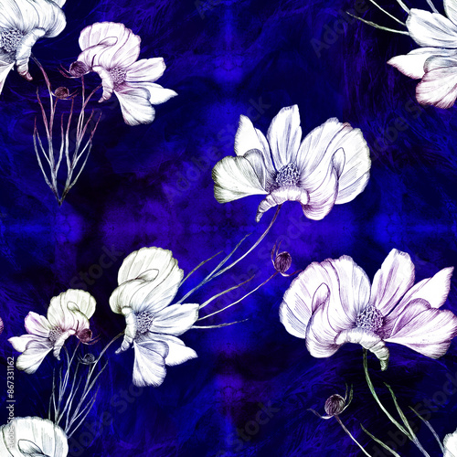 Floral pattern. Flowers on a watercolor background. Abstract wallpaper with floral motifs. Seamless pattern. Flower composition. Use printed materials, signs, posters, postcards, packaging. Cosmea.
