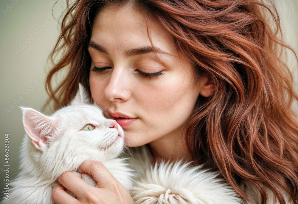 Young Woman with Long Brown Hair Kissing Fluffy White Cat Young Woman with Long Brown Hair Kissing Fluffy White Cat